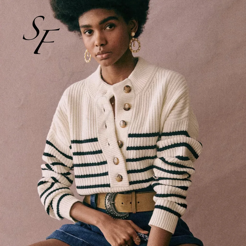 Custom autumn winter merino wool long sleeve high neckline pullover button placket beaded rib knit jumper for women