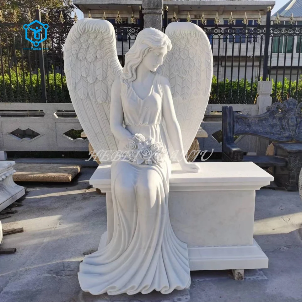 Natural white marble sculpture tombstone with standing angel statue