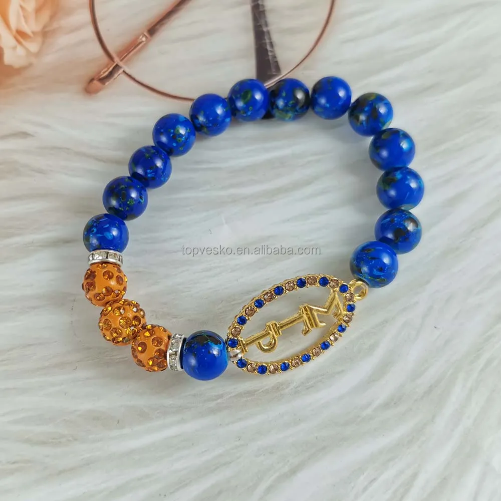 Greek Sorority Organization 1922 Custom Blue String Beaded Bracelets Hand Made Adjustable Imitation Pearl Bracelet