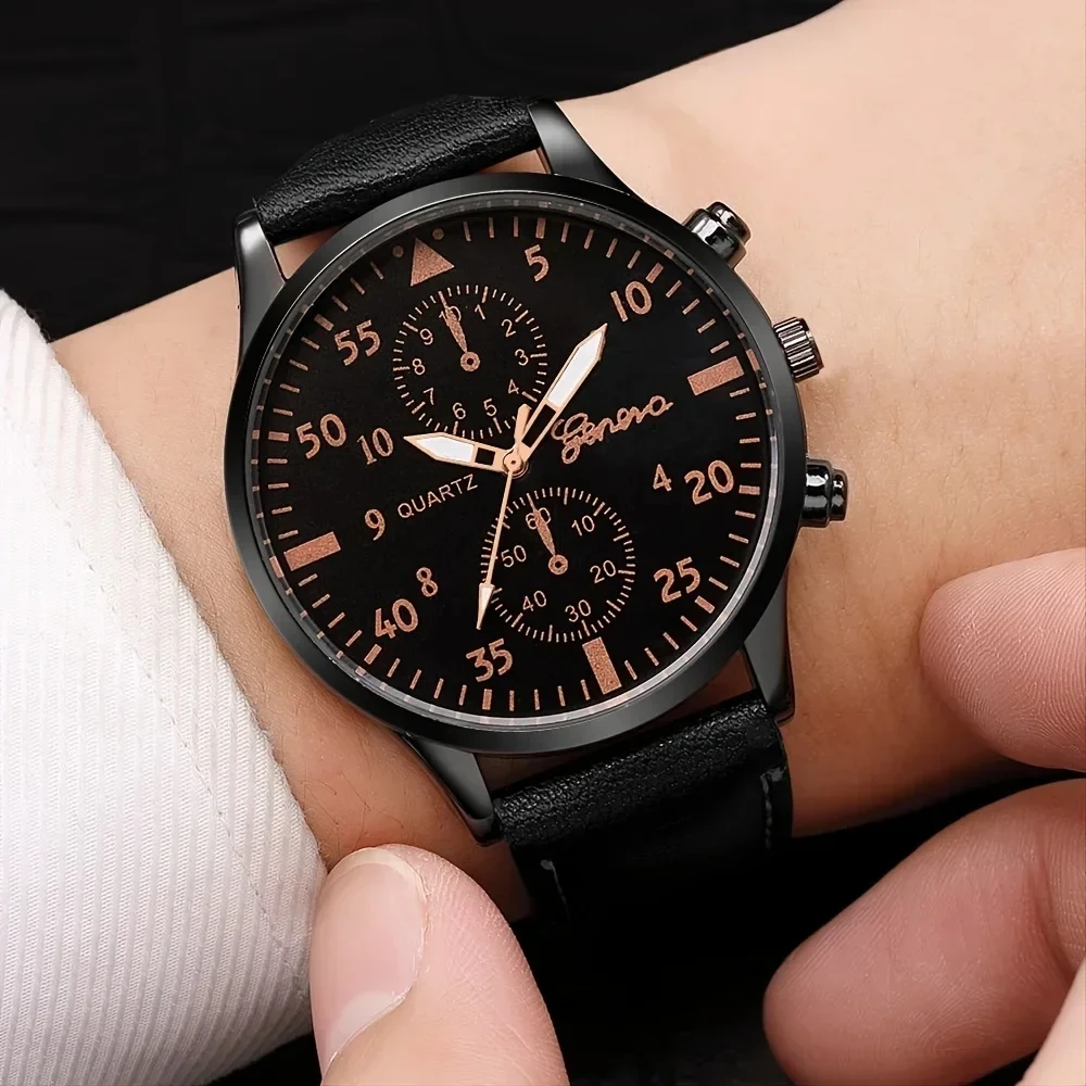 4PCS Set Fashion Mens Sport Watches Man Business Quartz Wristwatch Luxury Brown Leather Bracelet Men Casual Clock Watch Gift Set