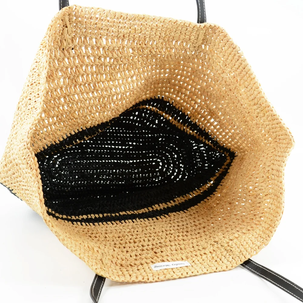 Straw Raffia Beach Tote Bag with black leather handles raffia straw from Madagascar