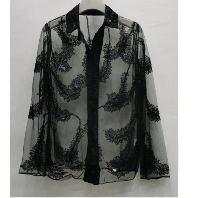 Fashion New Sexy Blouses Women Beaded See Through Mesh Tops Female Long-Sleeved Lapel Shirt Wholesale