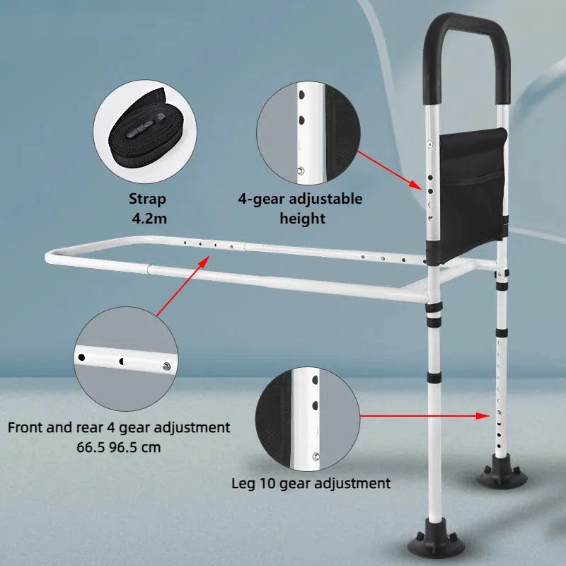 Height Adjustable Bed Rail with Hand Assistant Bar for Elderly Adults Bed Assist Rail Medical Bed Support Bar Mobility Assistant