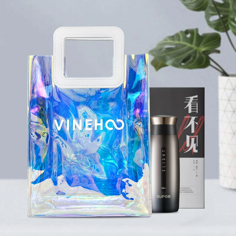 Custom Iridescent Gift Bags with Handles Clear Transparent Holographic PVC Tote Bag Shopping Bag