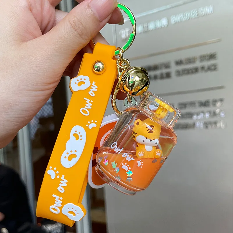 Creative Cartoon Acrylic Into Oil Little Tiger Keychain Boba Tea Keychains Charms Animal Floating Liquid Key Chain
