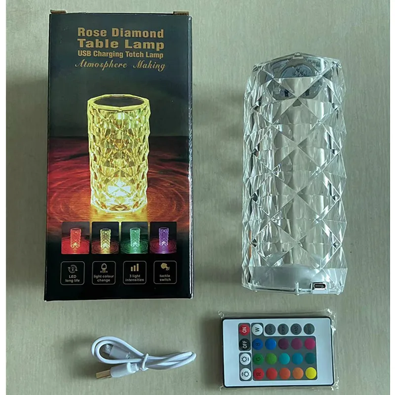 LED Crystal Table Lamp Rose Light Projector 16 Colors Touch Night Light Romantic Atmosphere Light USB Home Bar Decor
