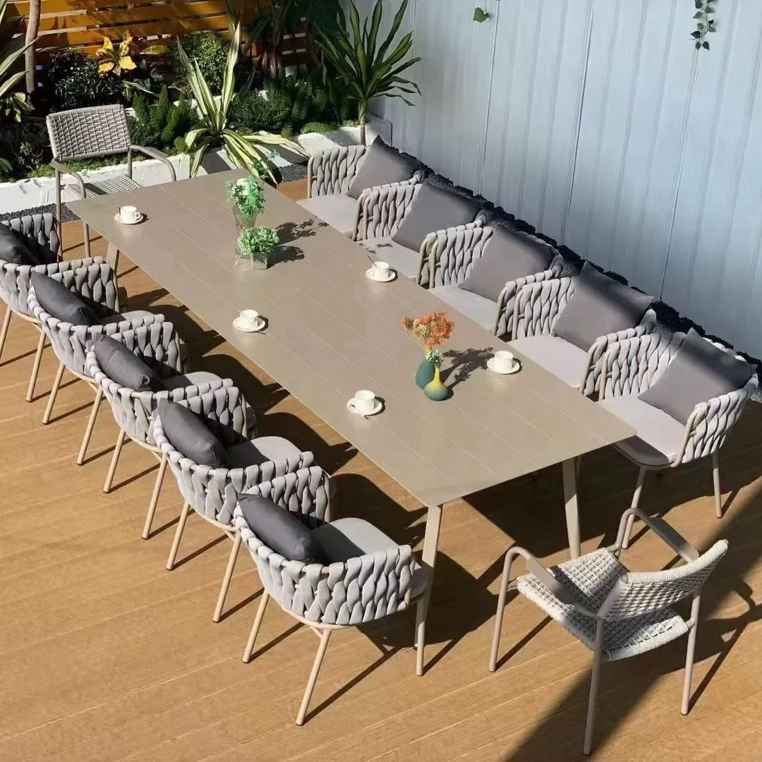 Outdoor Dining PE  Rattan Chairs and Tables Aluminium Rope Dining Outdoor Chairs Dining Table Set For 8 Person
