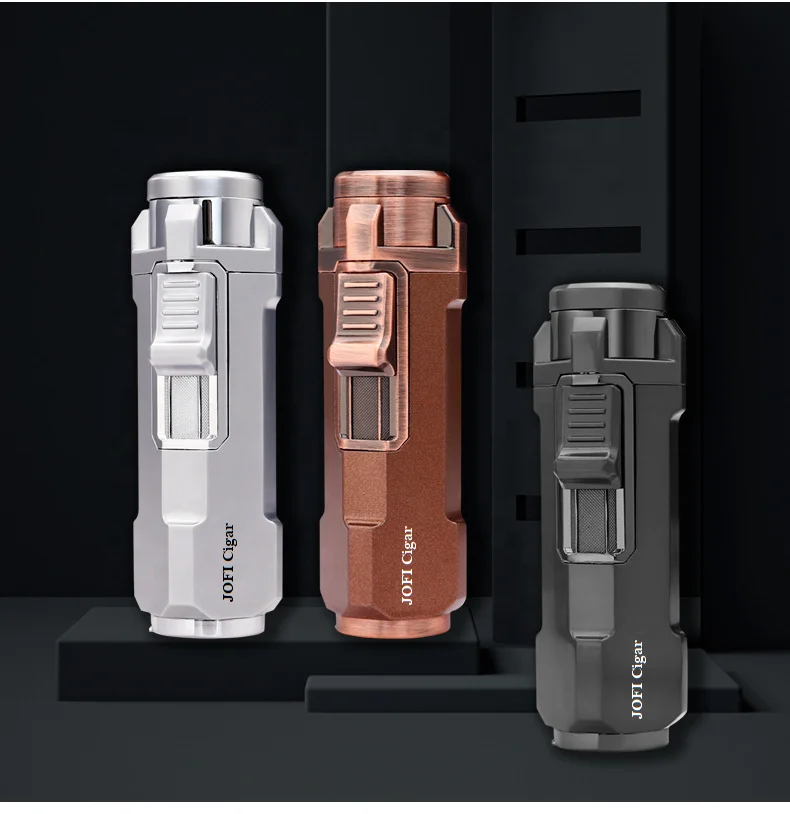 New Wholesale Metal Triple Jet Flame Butane Refillable Torch Lighter with Cigar Punch Cutter for Smoking Accessories