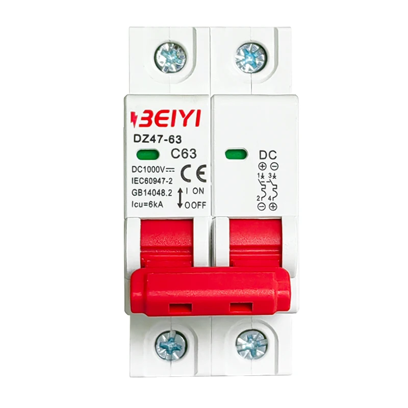 BEIYI 2 phase DC 1000V 63A Photovoltaic Solar panel Mini Circuit Breaker DZ47-63 din rail mcb for PV System
