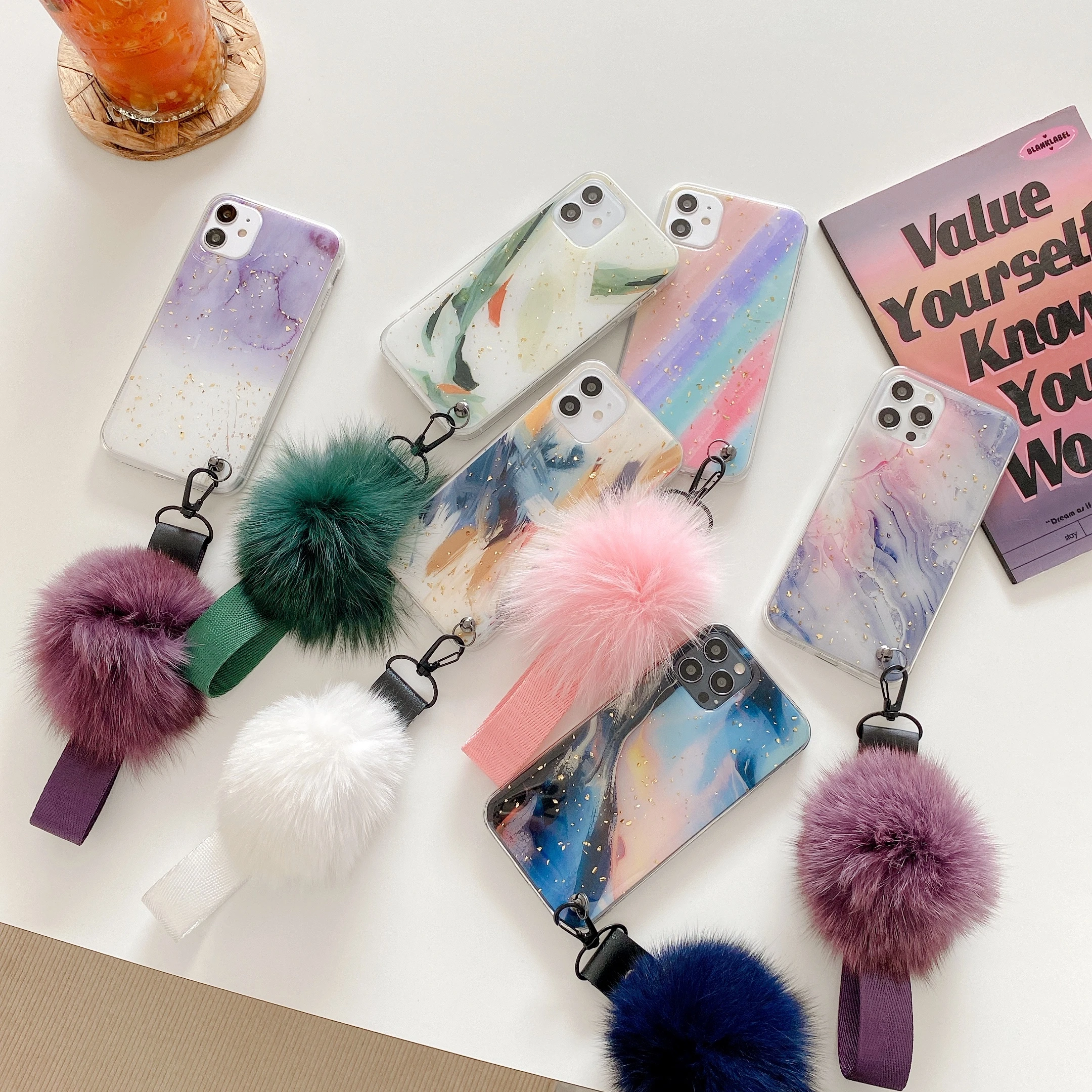 Корейский чехол для телефона iphone 11 pro max xr 78, оптовая продажа, чехол для телефона iPhone 12 pro max с меховым помпоном и ремешком на руку