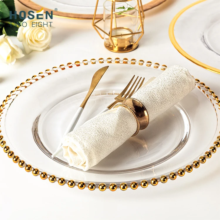 Заводская дешевая оптовая продажа золотых пластин зарядное устройство для свадьбы стеклянная пластина с золотым розовым бисером обод для украшения ресторана