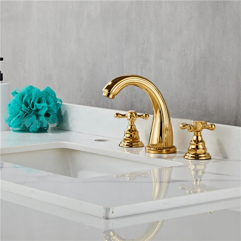 Modern Fashion Gold Basin Hot And Cold Water Faucet Three Holes Bathroom Wash Basin Faucet Three-piece set CF968