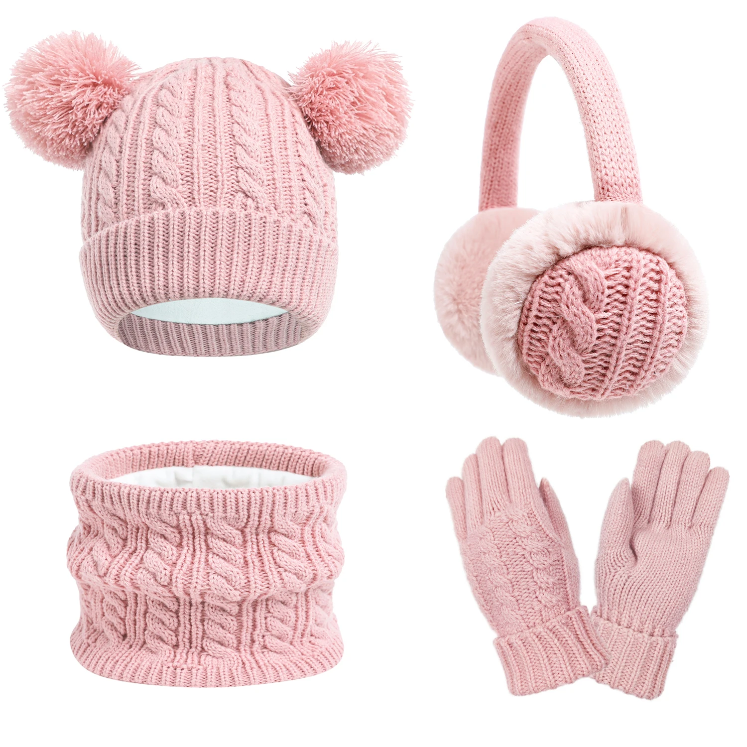 Knitted Hat Scarf Gloves Earmuffs Set Pompom Knitted Beanie Hat For Winter