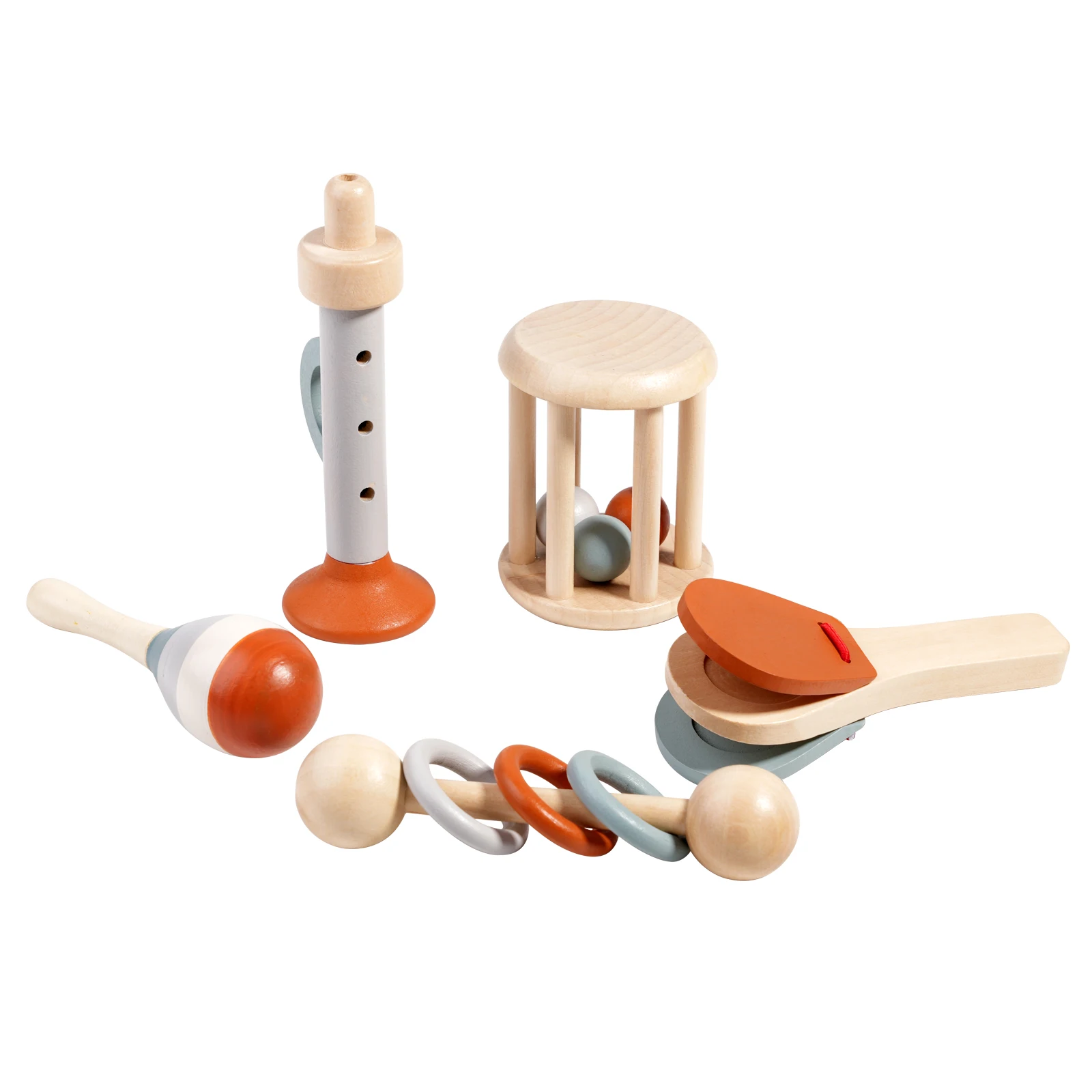 Montessori Wooden baby rattle Set geometric grab toy with 5 wooden baby rattle