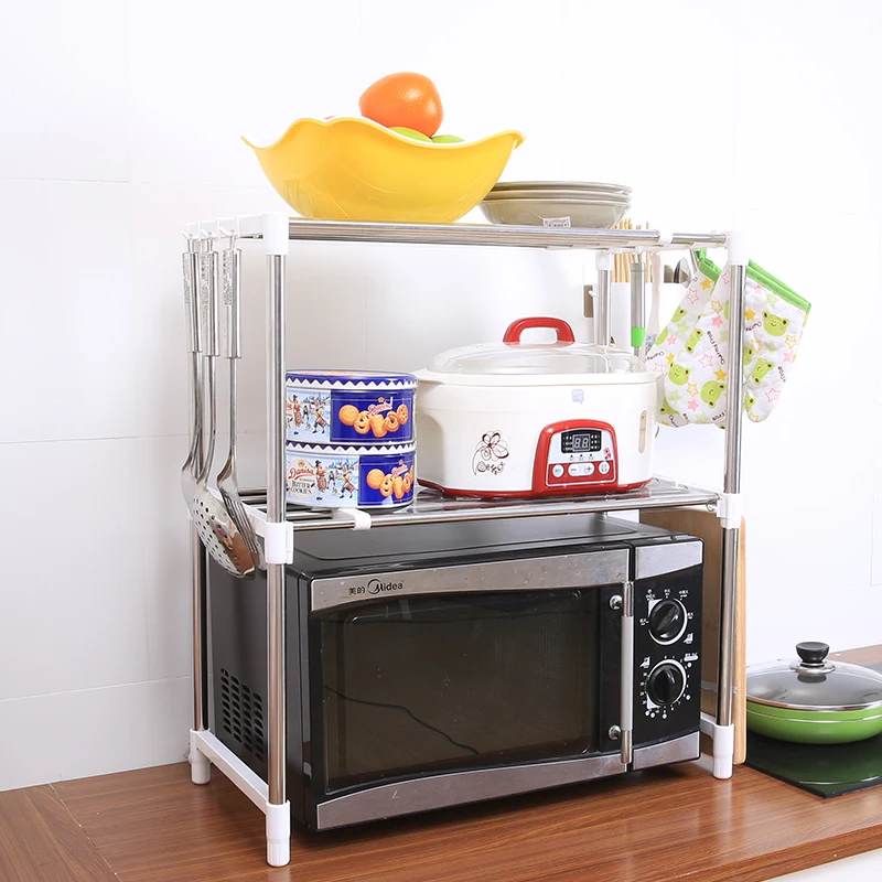 Kitchen two- layer stainless steel adjustable storage shelf  microwave oven storage rack