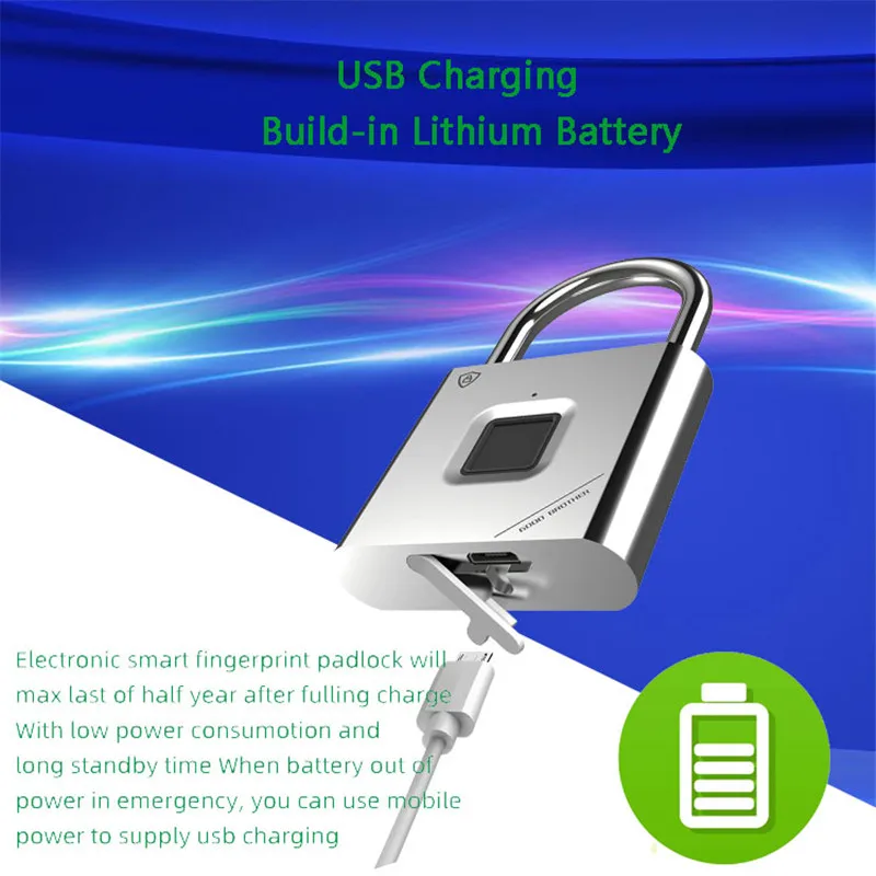 Fingerprint Lock Smart Padlock Thumbprint Door Padlocks Portable Anti-Theft Fingerprint Lock for Bag Drawer Suitcase