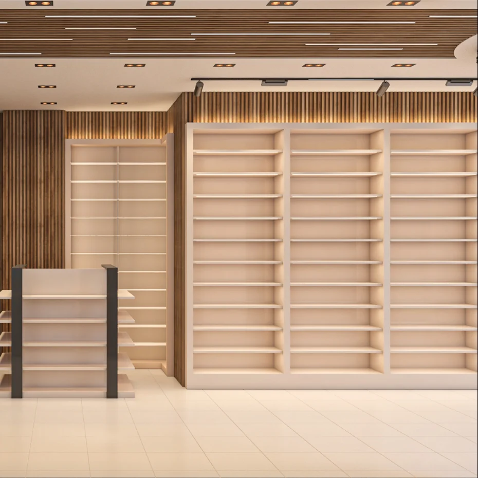 Custom Nature Style Wooden Medical Shelves Store Interior Display Racks Pharmacy Shop Counter Design for Pharmacy Furniture