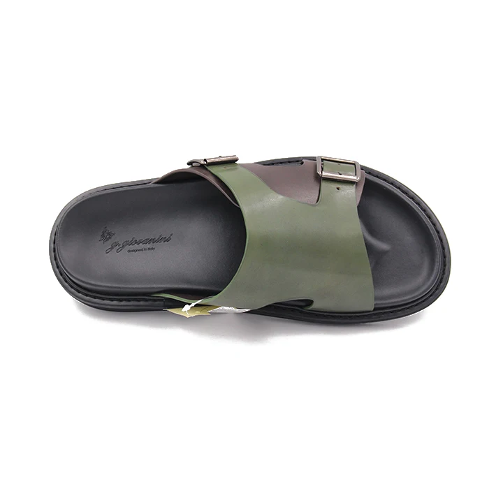 Custom italian handmade Summer Slipper with dark green calf Leather up and soft PU Insole Leather Beach for Outdoor Use