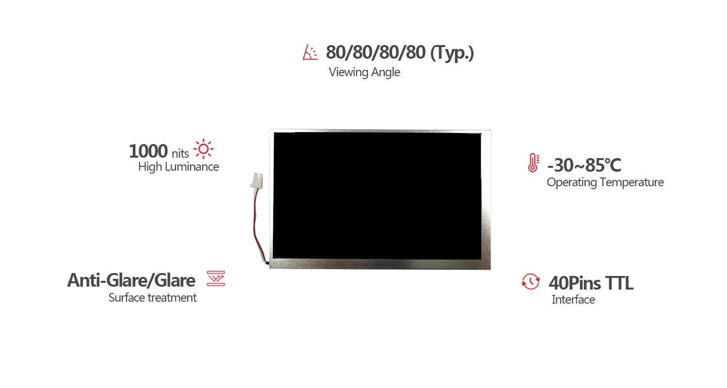 Wide temperature Anti-Glare RGB 40Pins LVDS 7 inch high brightness 1000cd/m2 800*480 LCD Display Module