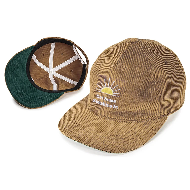 Flat Brim 5 Panel Unstructured Snapback Hat Corduroy Embroidery Logo Corduroy 5 Panel Unstructured Hat