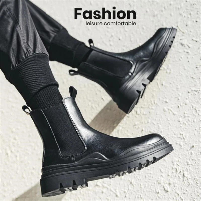 Luxury Design Chunky Split Leather Ankle Boots Male Footwear Round Toe Short Mens Platform Chelsea Martins Boots Shoes