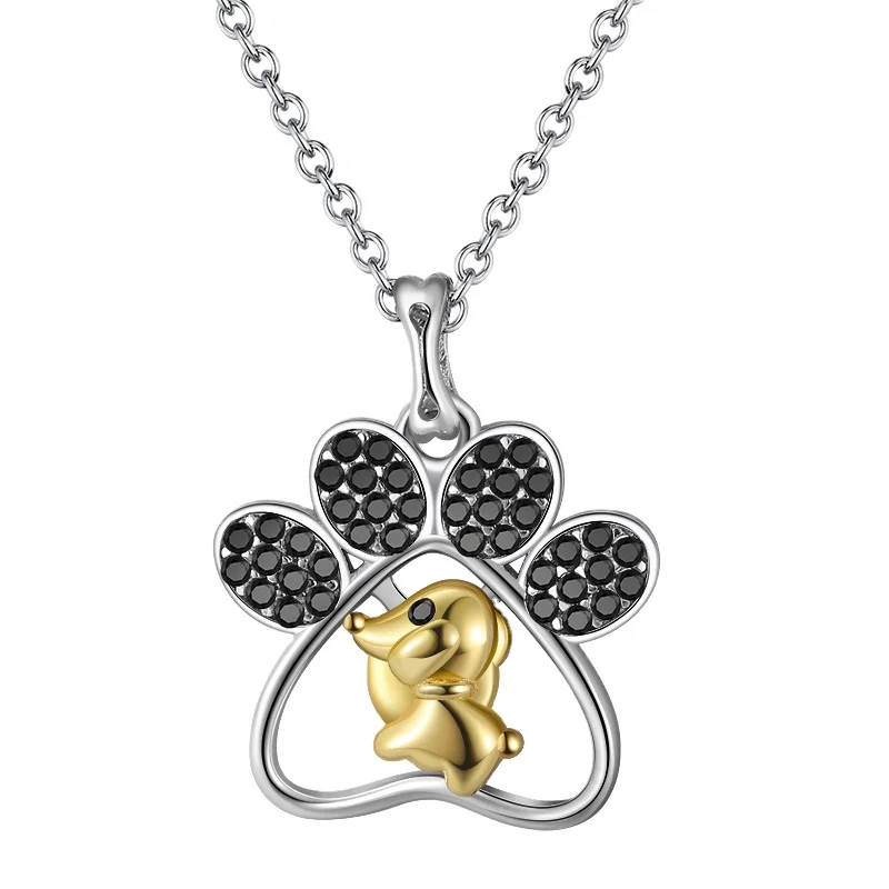 RINNTIN EQN30 Dog Footprint Black Zircon Inlay with Yellow Gold Plating 925 Sterling Silver Necklace Cute Animal Shaped