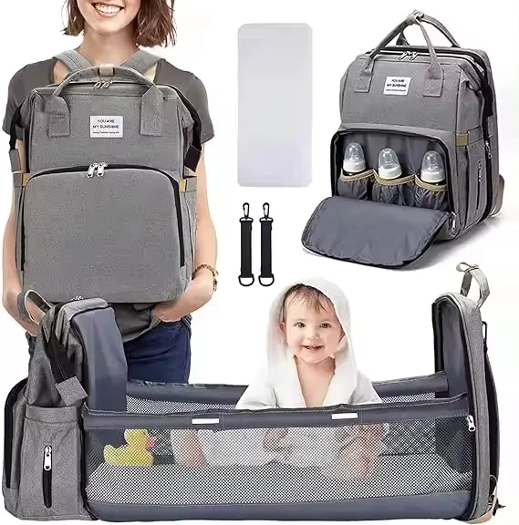 Waterproof Maternity custom  OEM large multi-functional Folding Lightweight Portable baby diaper bag backpack with changing bed