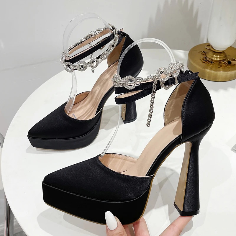 Chunky Heels Silk Pointed Toe 2022 Platform Pumps Solid High Heels Crystal Ankle Strap Buckle Wedding Party 35-42 Women Shoes