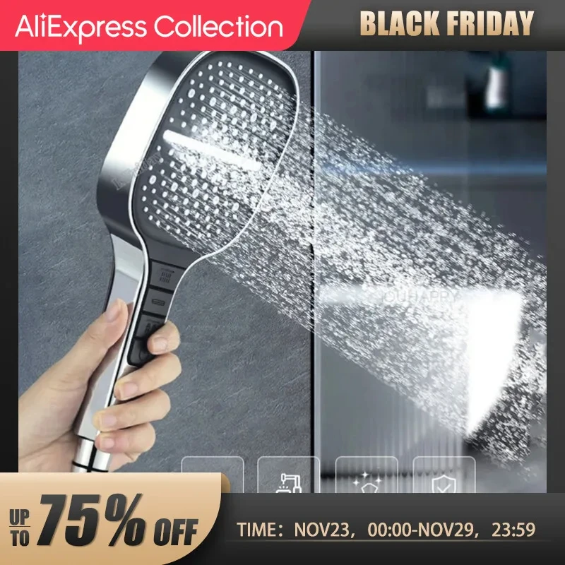 7 Modes Square Large Panel Booster Faucet Nozzle Water Saving Piano Adjustable Water Massage Shower Head