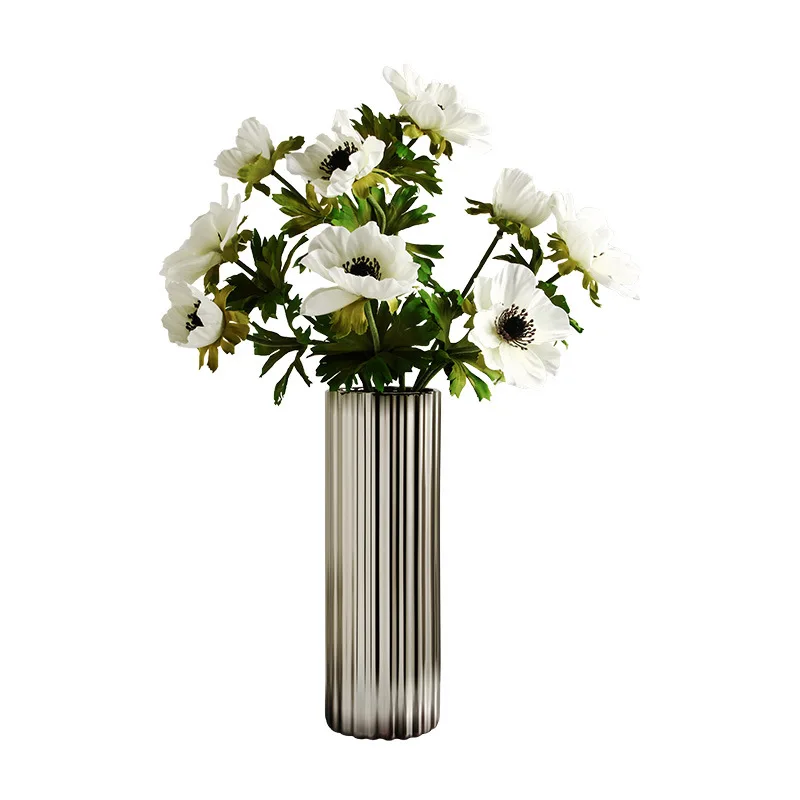 Advanced Sense Light Luxury Style Cylinder Shape Multiple Stripe Electroplate Silver with Vertical Ceramic Vase