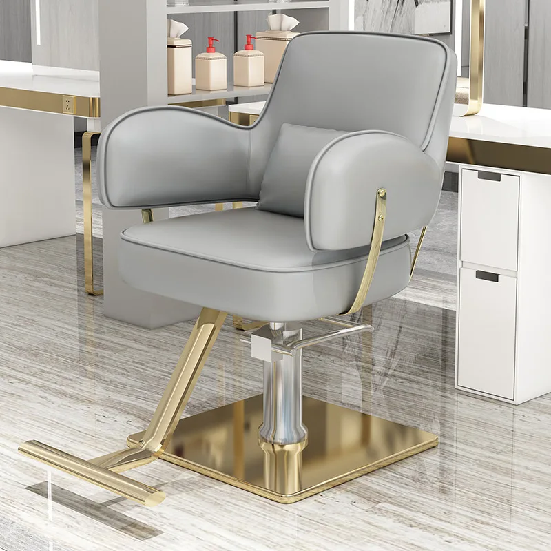 Velvet Fabric Hairdressing Make Up Styling Chair Gold Round Base And Footrest Hair Salon Furniture