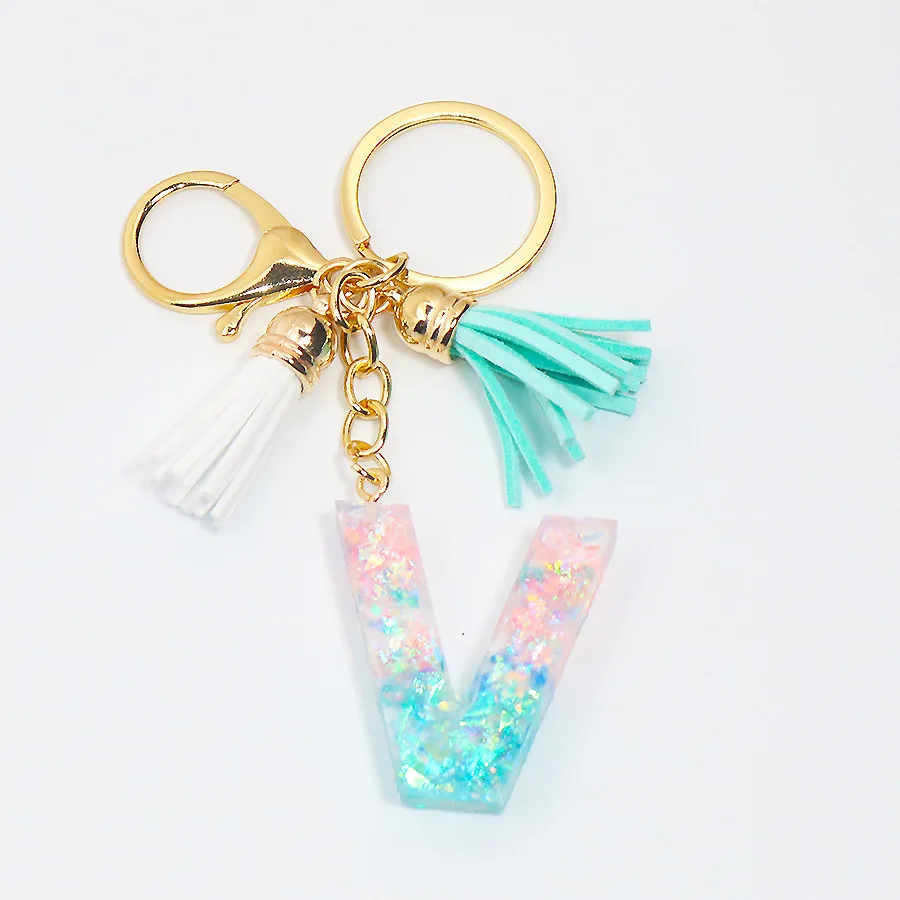 26 English word Letter Keychain,sparkle Glitter shell paper Resin keyring Tassel A TO Z Handbag Charms for Woman