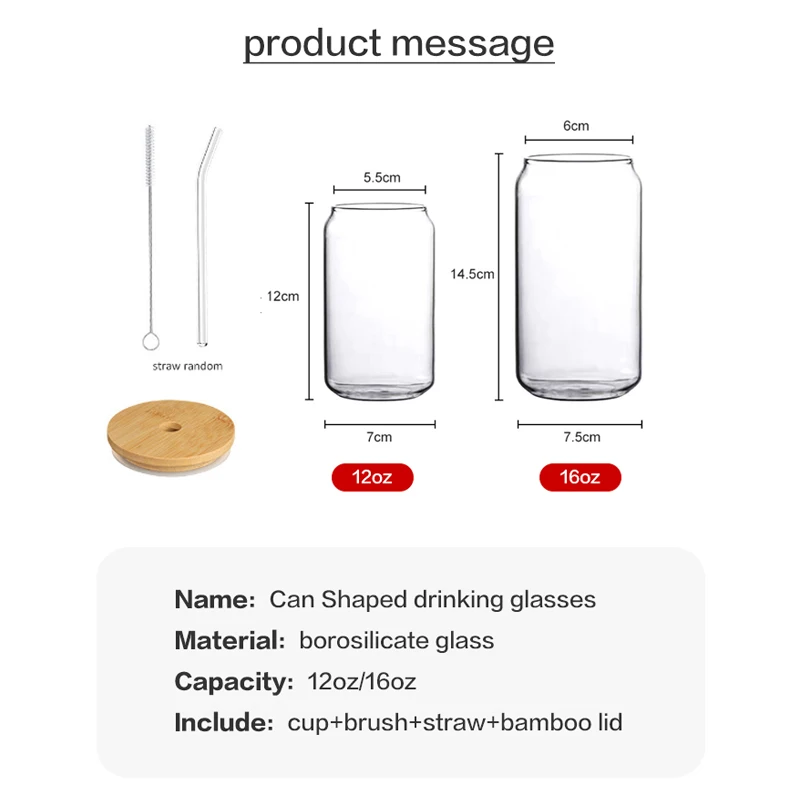 Custom 16oz Borosilicate Glassware Tumbler Cups Mugs Dinking Glasses Beer  cola Can glasses with Bamboo Lid and glass straw
