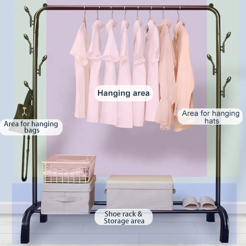 Two Pole Double Tiers Fashion Design Universal Floor Standing Metal Clothes Hooks And Hangers