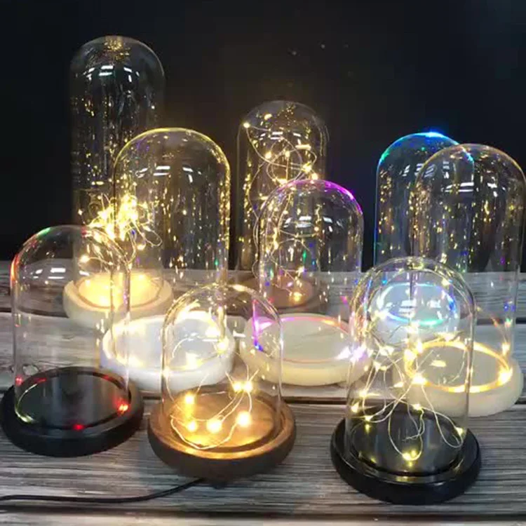 Wholesale Home decor clear oval glass jar domes led cheep lead free clear glass dome with wood base