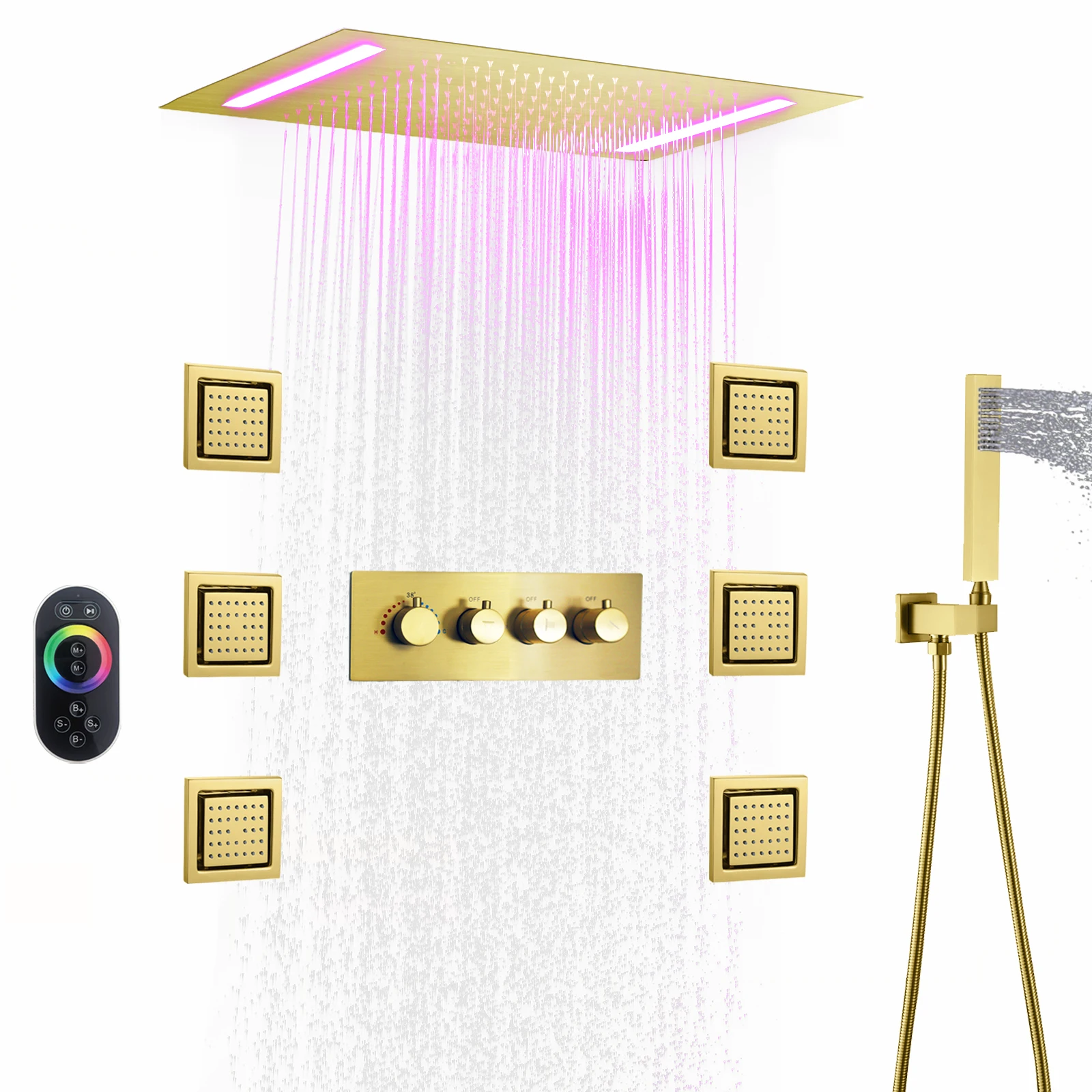 Ceiling luxurious Brushed Gold LED Shower Head 20*14 -inch Bathroom Thermostatic Shower set With Massage Body jets