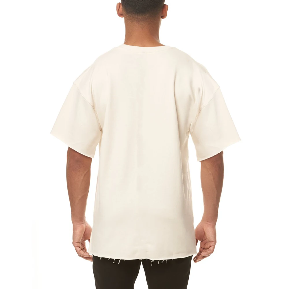 New style casual round neck t shirt french terry blank raw hem mens oversized tshirt