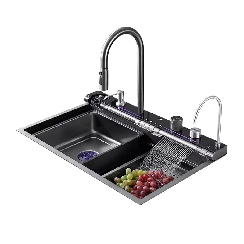 Multifunctional Nano 304 Single Bowl Stainless Steel Handmade Undermount Double Waterfall Faucet With LED Display Farmhouse Sink