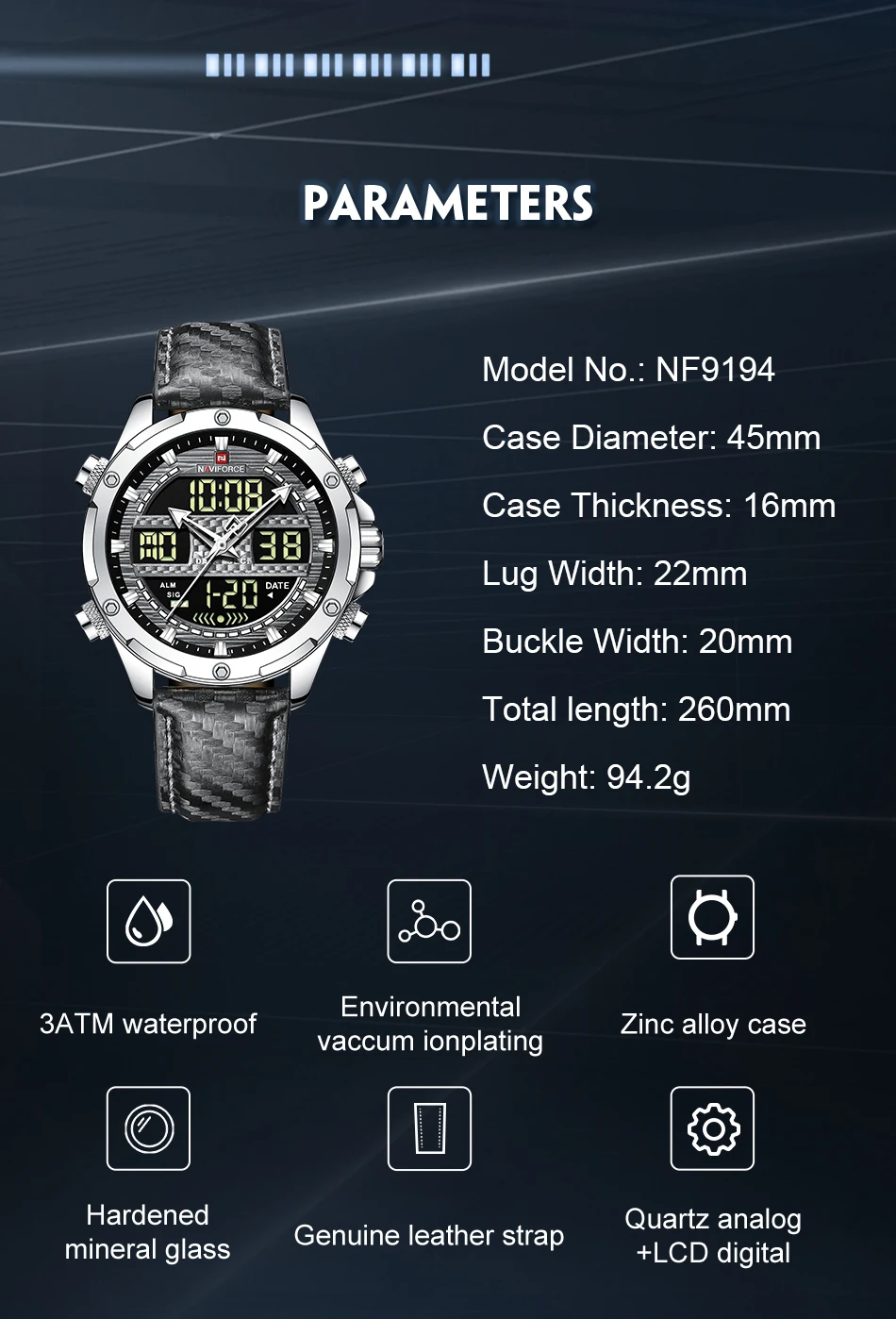 NAVIFORCE 9194 SGYGY New Analog mens watch Luxury Quartz Digital Sport Genuine Leather Wristwatch with 3 ATM waterproof relojs