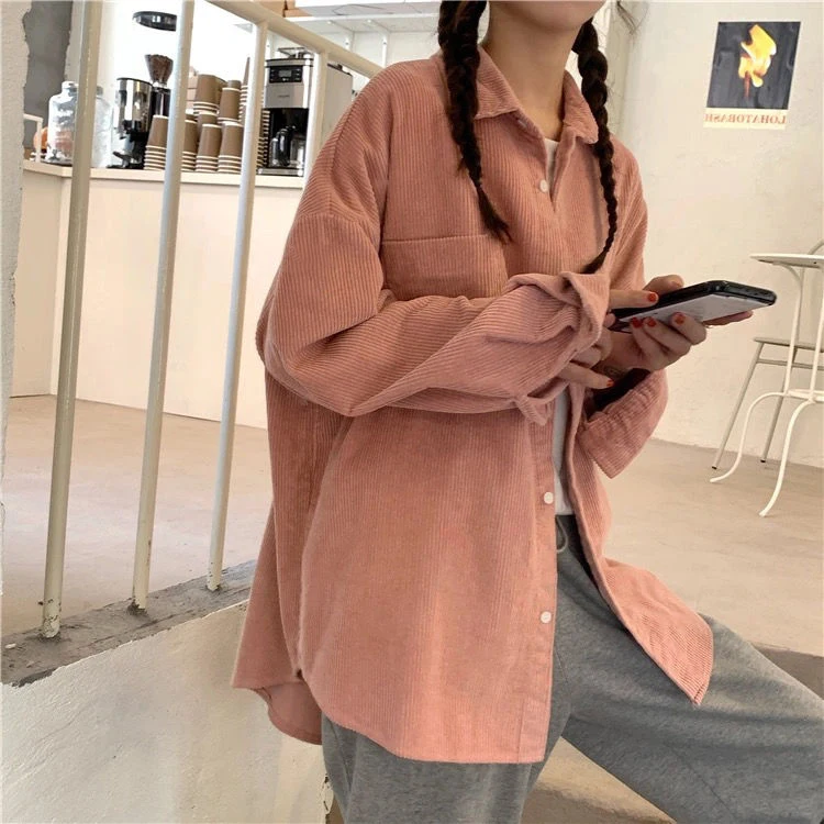 Autumn Korean Style Corduroy Shirt Women Casual Oversized Kawaii Harajuku Long Sleeve White Chic Blouse Female Student