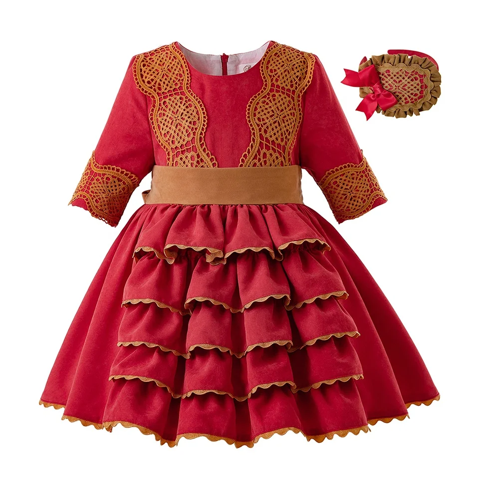 2022 OEM Pettigirl Lace Children Party Dress With Headwear For popular Kids Clothing Wholesale