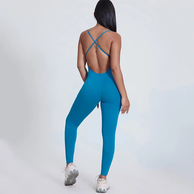 Cross Back Spaghetti Strap One Piece Set Women Lightweight Sportswear Fitness Yoga Bodycon Jumpsuits