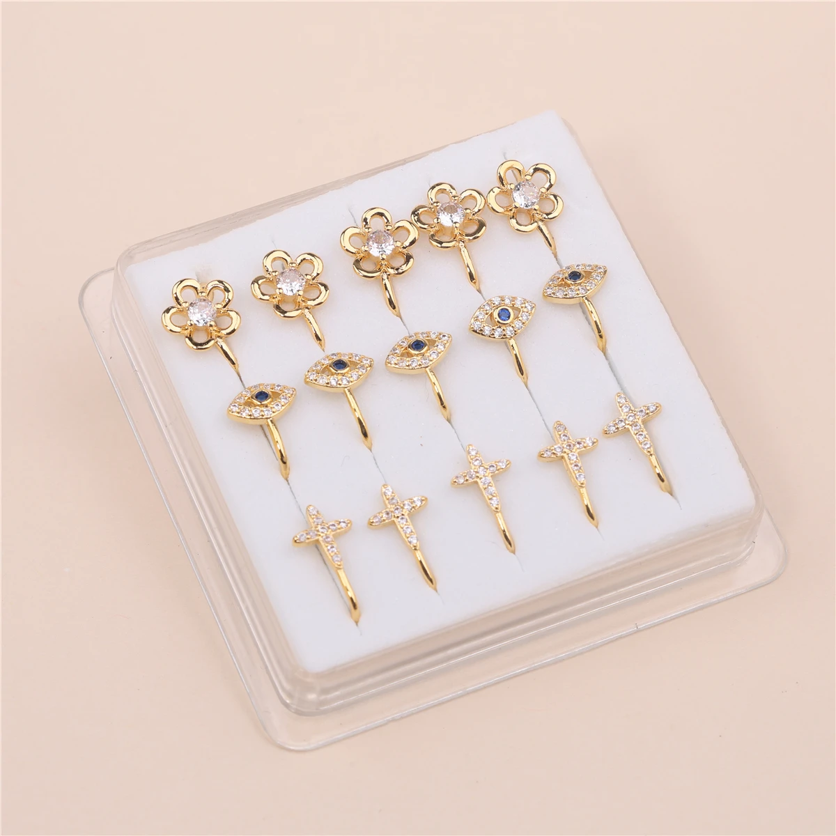 15 PCS Mix Style Faux Nose Rings for Women Men Clip On Nose Ring Flower Blue Eyes CZ Non Nose Piercings Jewelry Boxed Set