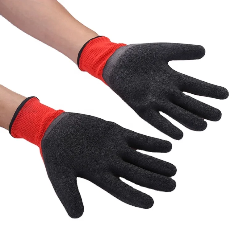 Factoryshop 13G Polyester Latex Crinkle / Wrinkle Coated Reusable Working Labor Work Safety Protective Rubber Gloves