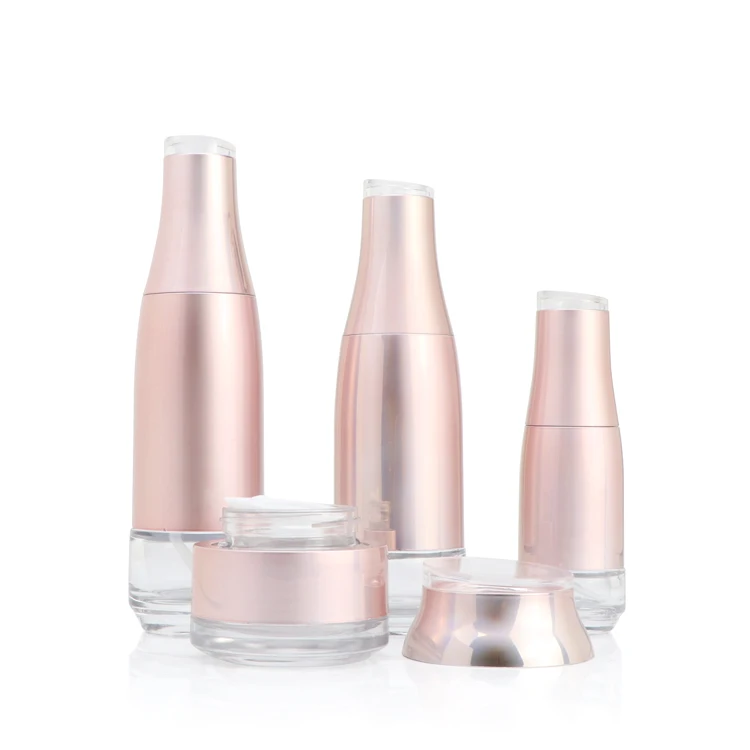 New design cosmetic packaging 50g 30ml 100ml 120ml glass electroplating pink cream jar and bottle cosmetic glass bottle sprayer