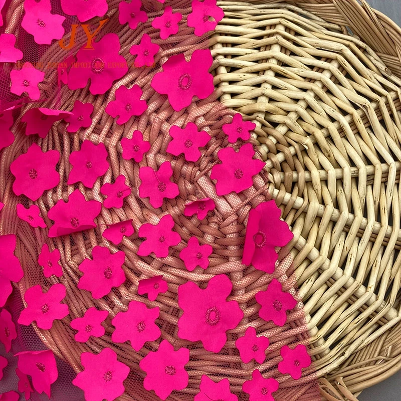 Newest Lady Lace Dress Design Fabric fushia Lace Fabric Beads With 3D Flower  Embroidery Lace Fabric