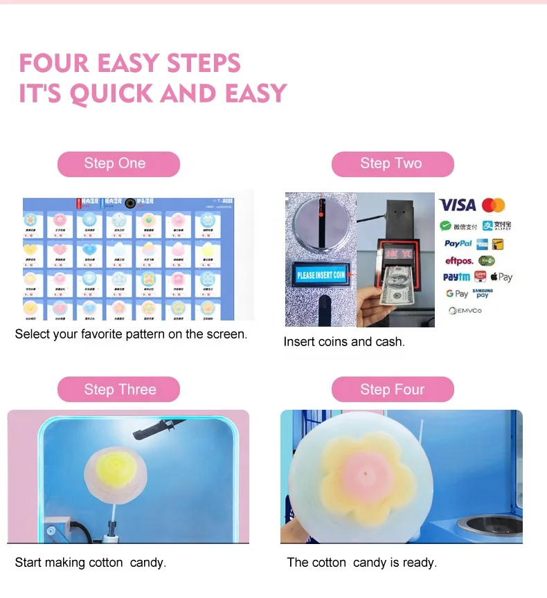 Snack Commercial Self Full Automatic Flower Cotton Candy Floss Making Vending Machine For Cotton Candy