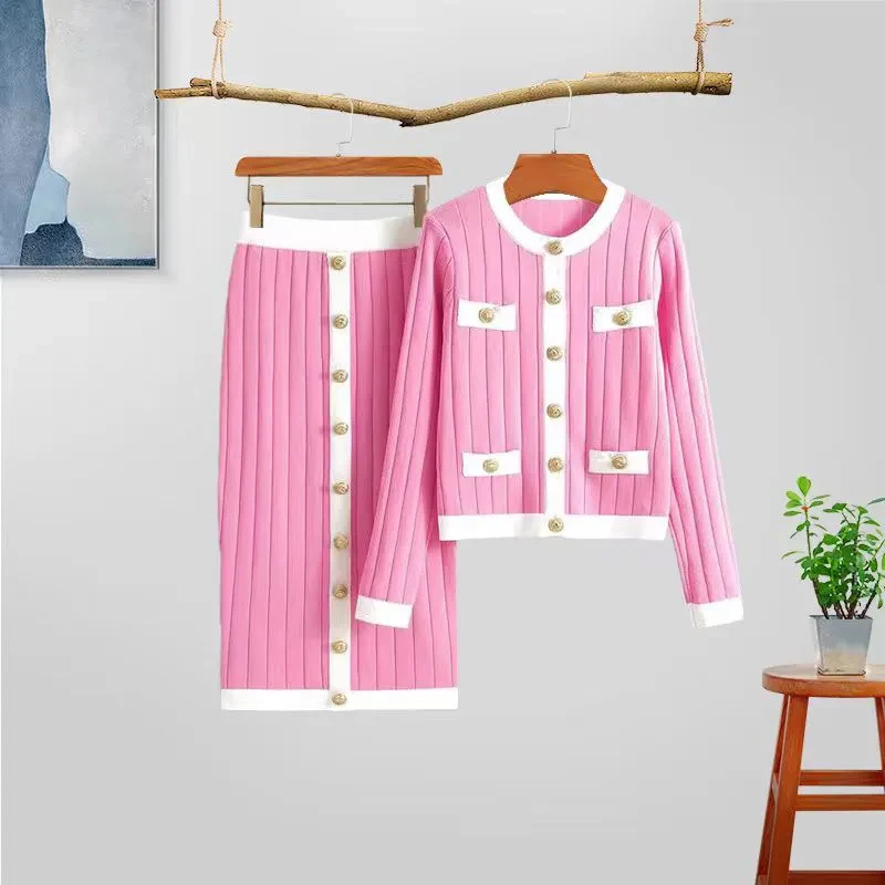 Autumn solid color knitted sexy dress suit fashionable cardigan suit knitted cardigan with skirt two-piece set for women
