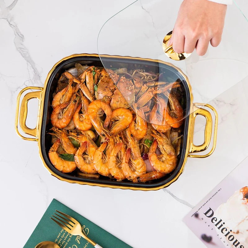 Rectangular design ceramic casserole pot tableware candle fire heating Restaurant dry soup pot with golden rack