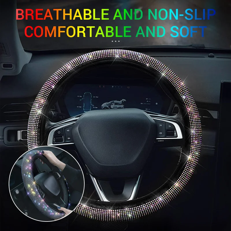 SEAMETAL Car Accessories Diamond Leather Steering Wheel Cover with Bling Bling Crystal Rhinestones